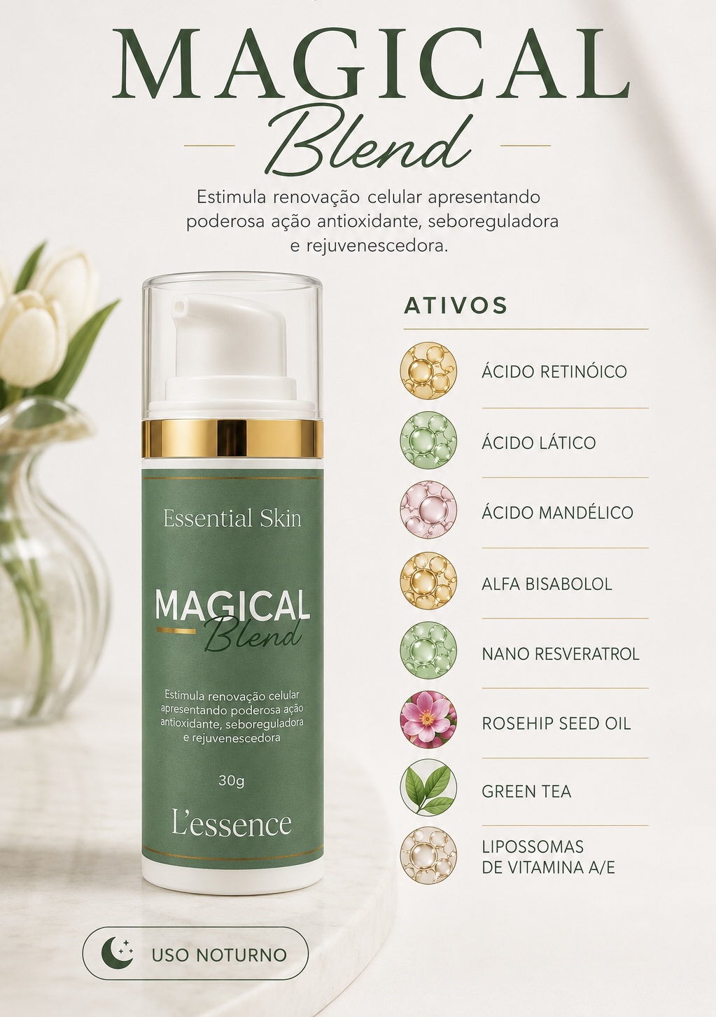 Apresentação do Magical Blend L’essence, com embalagem, ativos e informações de uso